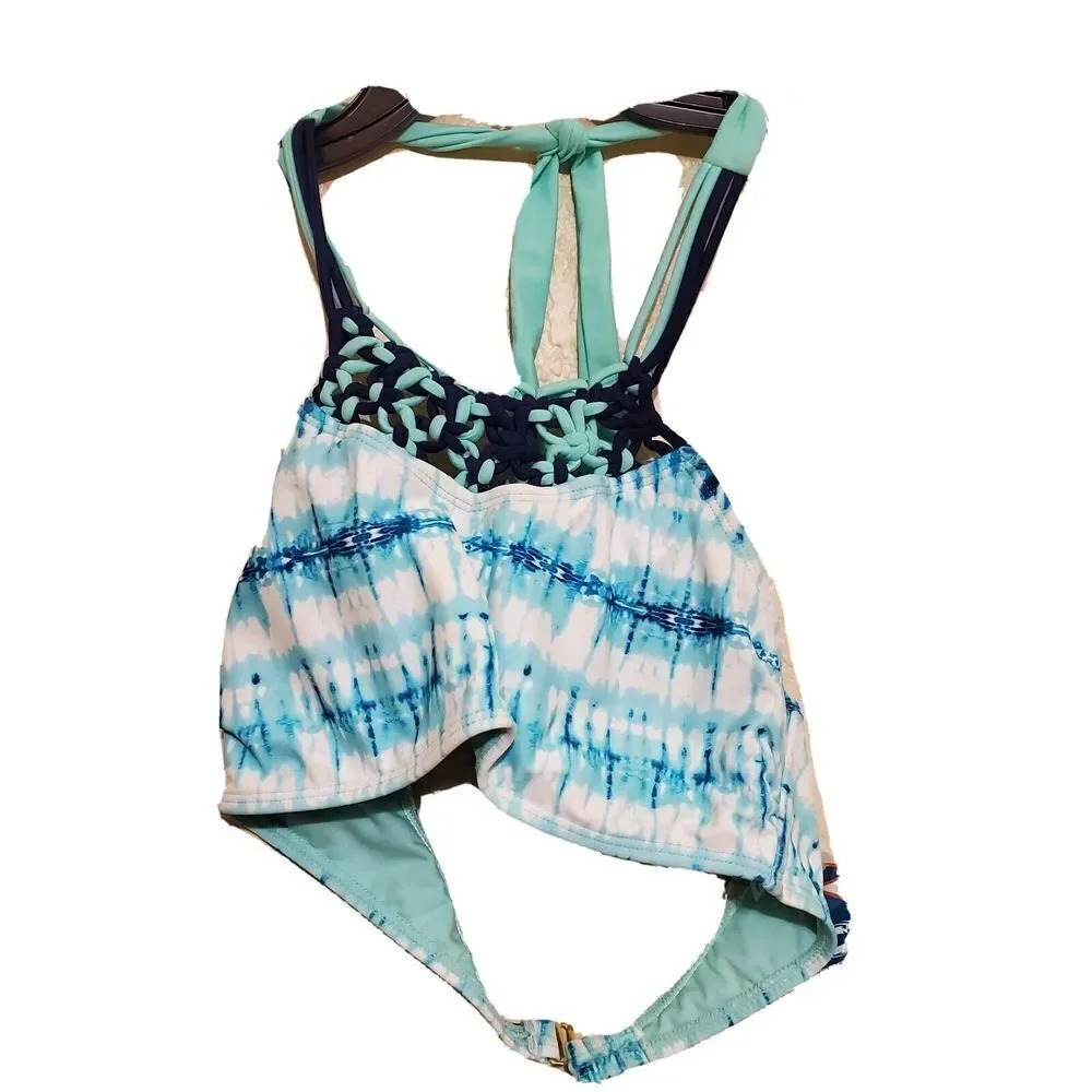 O'rageous Women’s Halter Tankini Bikini Swim Top Blue Tie Dye Crochet Boho L NWT